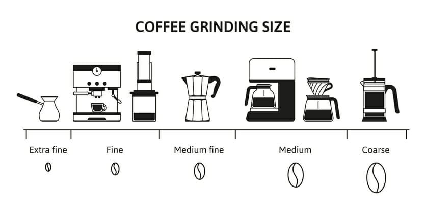 Coffee grind size chart. Beans grinding guide for different brewing methods. Fine, medium and coarse grinds infographic vector illustration of coffee grind chart