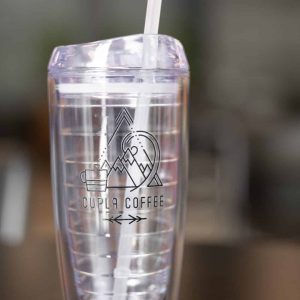 Clear coffee tumbler with reusable straw and logo