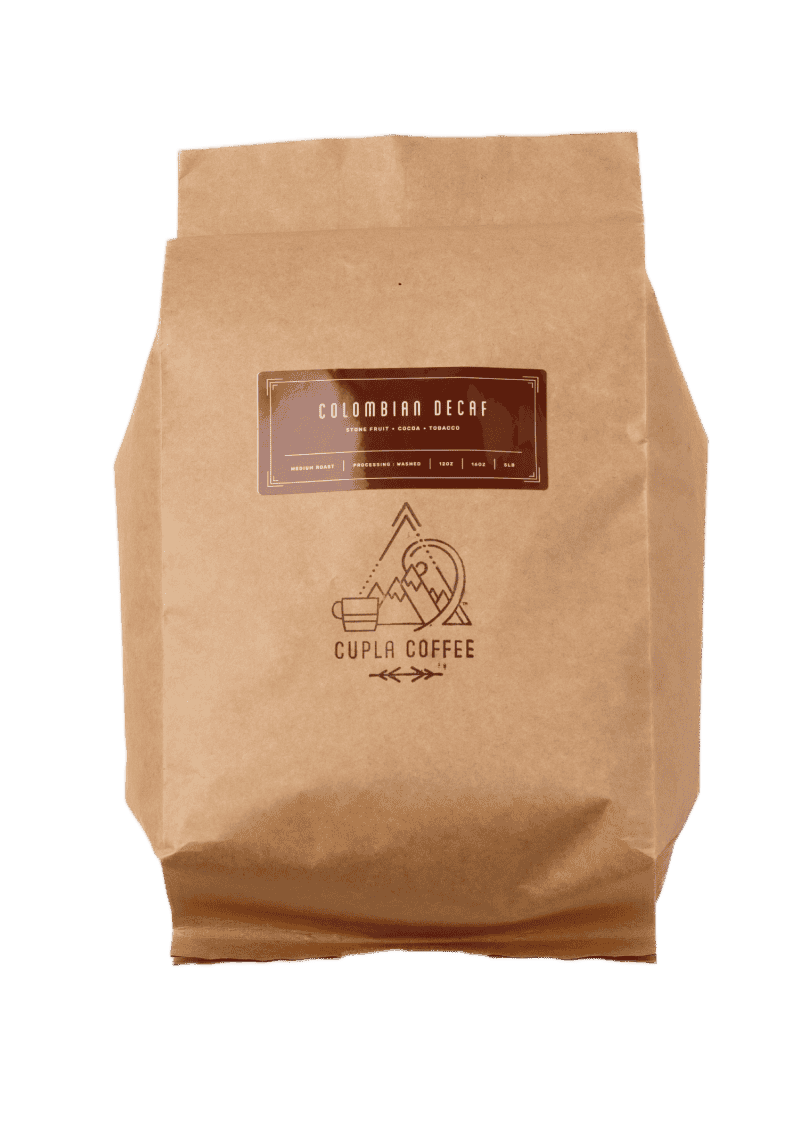 Bag of Cupla Coffee Colombian Decaf coffee beans